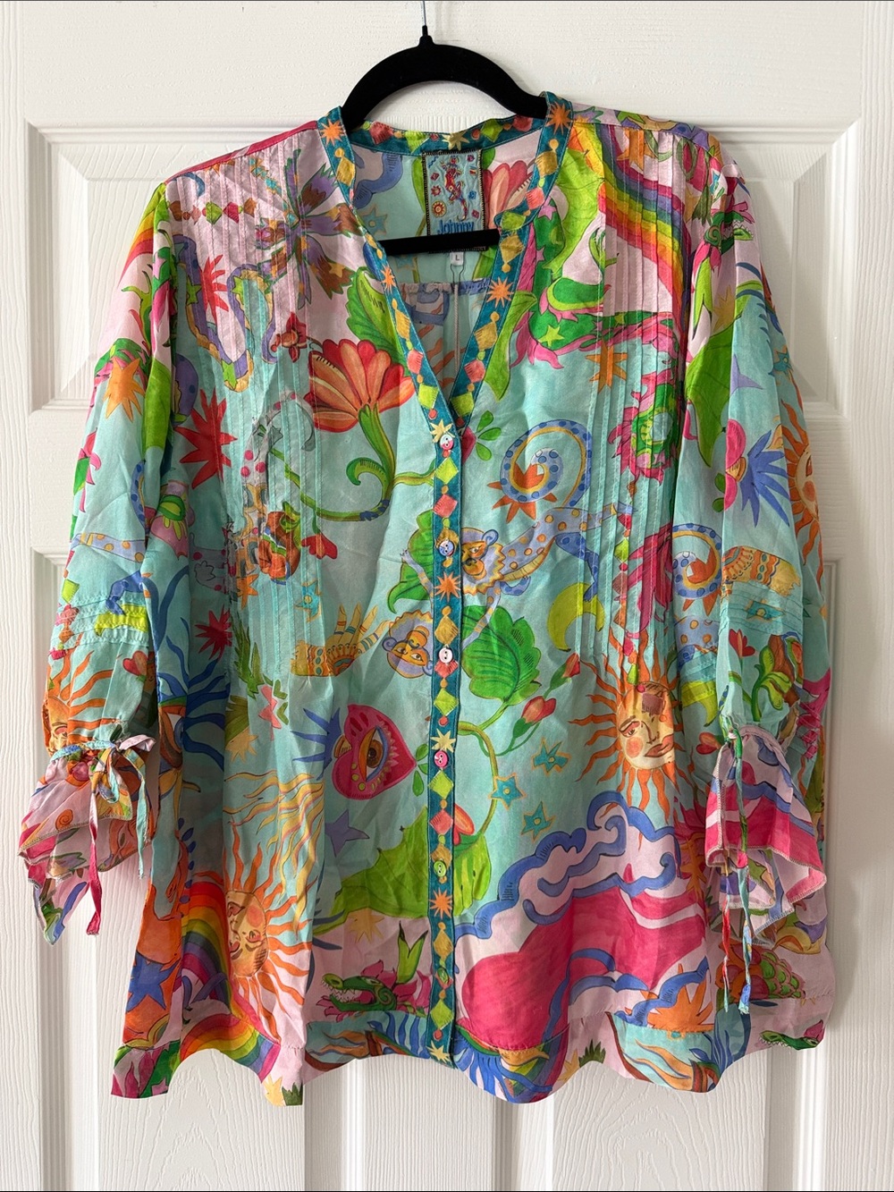 Johnny Was Vacanza Silk Blouse Kayla Print V-Neck Pintuck Tie Sleeve Top Large